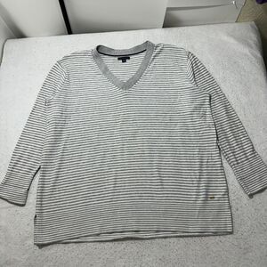 Tommy Hilfiger Women’s XXL Gray White Striped Pullover V-Neck Sweater Cotton